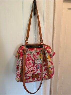 Patricia Nash Studded Floral Leather Tote with Tan Leather Straps